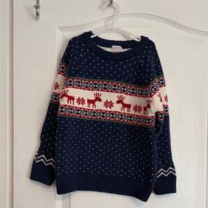 Hanna Andersson Navy Knit Sweater with Red Reindeer and Cream Banding